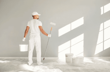 Professional painter decorating a bright commercial interior