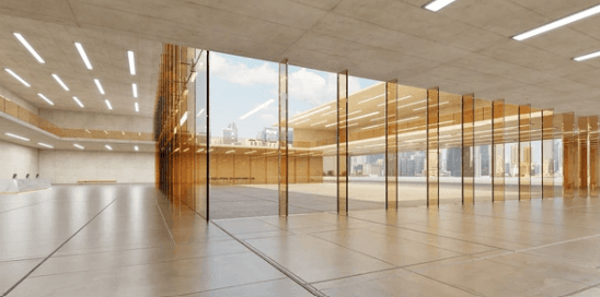 Large-format floor tiles in a contemporary commercial interior