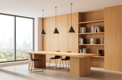 Bespoke timber office table, cabinetry and storage wall
